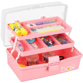 Hossejoy 3 Layer Craft Storage Box, Multipurpose Art Storage Box with Compartments, Clear Plastic Arts and Crafts Organiser Box with Handle, for Sewing, Makeup, Nail, Hair Accessories (Pink)