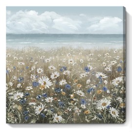 Canvas Wall Art Beach Floral Wall Picture Coastal Boho Farmhouse Daisy Flowers Nautical Sea Ocean Wildflowers Canvas Print Vintage Artwork for Small Rustic Bathroom Bedroom Living Room Office Décor