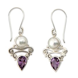 NOVICA Artisan Handmade Pearl Amethyst Dangle Earrings Sterling Silver Purple White Indonesia Mauve Mist Bridal Birthstone [1.8 in L x 0.8 in W] ' Guardian Moon'