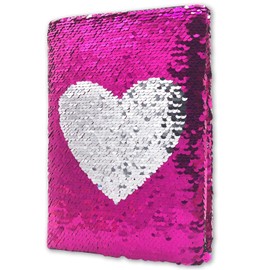 Reversible Sequin Journal for Girls, 5.5"x8.3" 160 Lined Pages Girls Journal Intime Pour Fille Pink Notebooks for Kids Magic Heart Flip Sequin Diary for Girls Writing Drawing Gifts for Girls and Boy