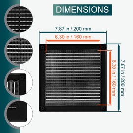 Ecopro Vent / 6'' x 6'' Inch Opening Measurement / Black Square Vent External Grille with Protective Mesh - Lightweight Plastic Register / Cover Indoor Outdoor Soffit Vent - 8x8 Outer Measurement