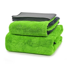 YeewayVeh 3 Pack Car Drying Towel Kit, Large Microfiber Towels for Cars, High Absorbent Edgeless Car Wash Drying Towels and Quick Dry Lint Free Thin Waffle Towels for Car Truck SUV, Green