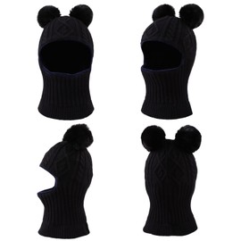 Winter Baby Knitted Hat Scarf Kids Boys Girls Hood Hats Toddler Earflap Beanie with Pompom(Black,M)