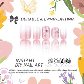 Ombre Press on Nails Short Square MABKJLF Pink&White Fake Nails False Nails with White Flower Designs Elegant Glossy Glue on Nails Acrylic Nails for Women Girls 24Pcs