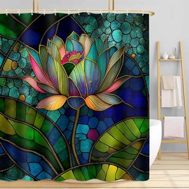 TPMDFC Stained Glass Shower Curtain, Colorful Vintage Glass Lotus Flowers Bathroom Shower Curtains Decor Set with 10 Hooks 60x72inch YLDWTP0456