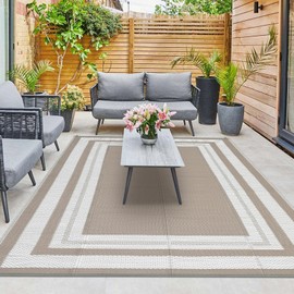 LUXLOOM Outdoor Rug 9x12 Reversible Patio Rug Outdoor Plastic Straw Rug Modern Bordered Area Rug Waterproof for Deck RV Outside Rug for Patio Backyard Picnic Camping Beach Balcony Grey Beige