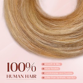 S-noilite Messy Bun Hair Piece Human Hair, Straight Golden Brown/Bleach Blonde Human Hair Bun Hairpieces for Women Girls Smoothed Updo Donut Chignon Ponytail Extensions (1 Count)