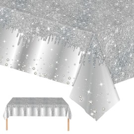 2pcs Silver Table Cloth Party Disposable Tablecloths,137 x274cm Shiny Glitter Diamond Silver Party Rectangular Dining Table Cover for Baby Shower,Wedding,Birthday,Princess,Girls Party Table Décor
