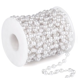 33 Feet Silver Pearl Beads Chains Roll, 5mm Faux Pearls Beaded Silver Plated Brass Cable Link Chain Spool Bulk for Jewelry Making DIY Craft