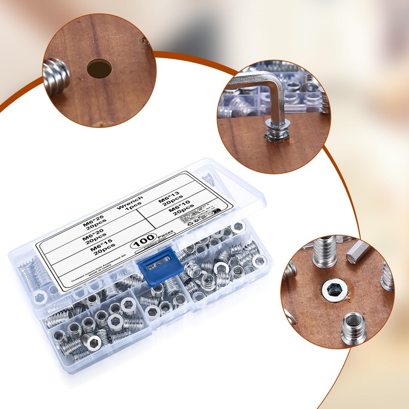 M6 Threaded Inserts for Wood, 100 Pcs Threaded Insert Nuts,