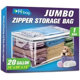 HIBAG 20 Gallon Large Storage Bag for Clothes, Zipper Clothing Storage Bag, Clear Organizer with Reinforced Handles, for Comforters Blankets Pillows Bedding (1 Pack)