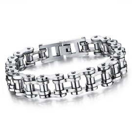Cupimatch Cool Silver Stainless Steel Motorcycle Biker Chain Bracelet Punk Rock Link Wristband for Men, 8.5" (Silver)