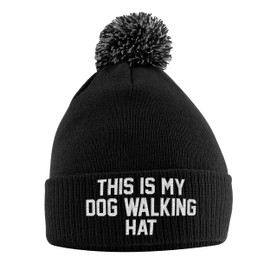 Purple Print House This is My Dog Walking Hat Bobble Hat, Birthday Accessories New Puppy Gifts Warm Winter Knitted Beanie Hat with Faux Fur Pom Pom for Womens Kids Girls Boys and Men, One Size, Black