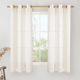 LAMIT Cream Semi Sheer Linen Curtains 63 Inch Length, Light Filtering Neutral Window Bedroom Curtains Farmhouse Boho Bronze Grommet Drapes for Kitchen/Living Room, 2 Panels, 34 x 63 Inch