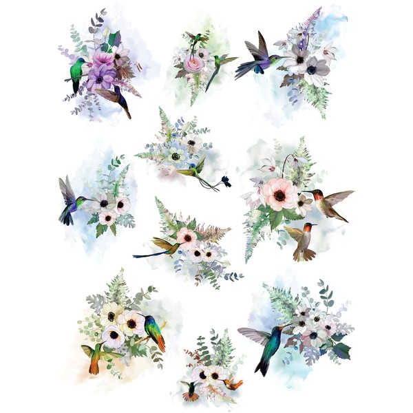 Papier de riz colibri, 29,21 x 40,64 cm – 10 images de bouquet uniques imprimées sur du papier de mûrier 36 g/m², fibres visibles pour découpage, meubles, rénovation.