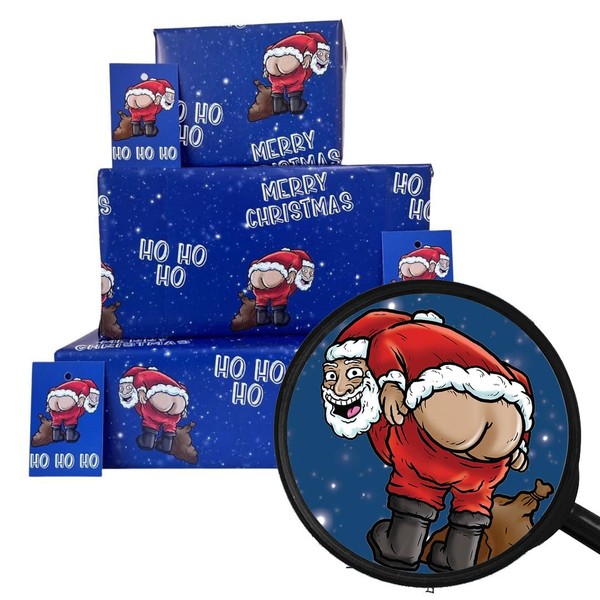 Christmas Wrapping Paper Sheets + Gift Tags (Pack 2) Funny Rude Santa Pulling A Mooney Design For Men & Women