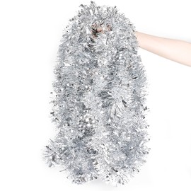 KIMOBER 33 Ft Christmas Tinsel Garland, Silver Metallic Garland for Christmas Tree,Wedding Party Decorations(33 Ft Silver)