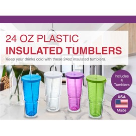 Arrow Home Products 24 oz Plastic Double Wall Tumbler w/Straw & Lid, 4 Pack - Made in USA, BPA Free - Iced Coffee Tumbler Cups - Cupholder Friendly, Dishwasher Safe - Clear, Blue, Purple, Green