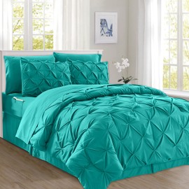 Elegant Comfort 8-Piece Pinch Pleated Comforter Set - All Season Complete Bed in a Bag, Includes 4pc Smart Sheet Set, Bed Skirt, Comforter, Matching Pillowcases and Shams, Full/Queen, Teal