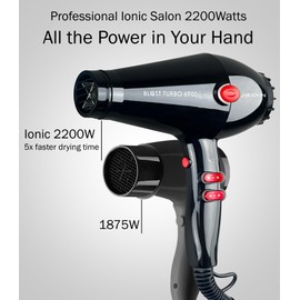 JOHN Super Fast Drying Hair Dryer, Ionic 2200W Professional Salon Blow Dryer, 2 Concentrator Nozzles, Blast Turbo 6900, Black