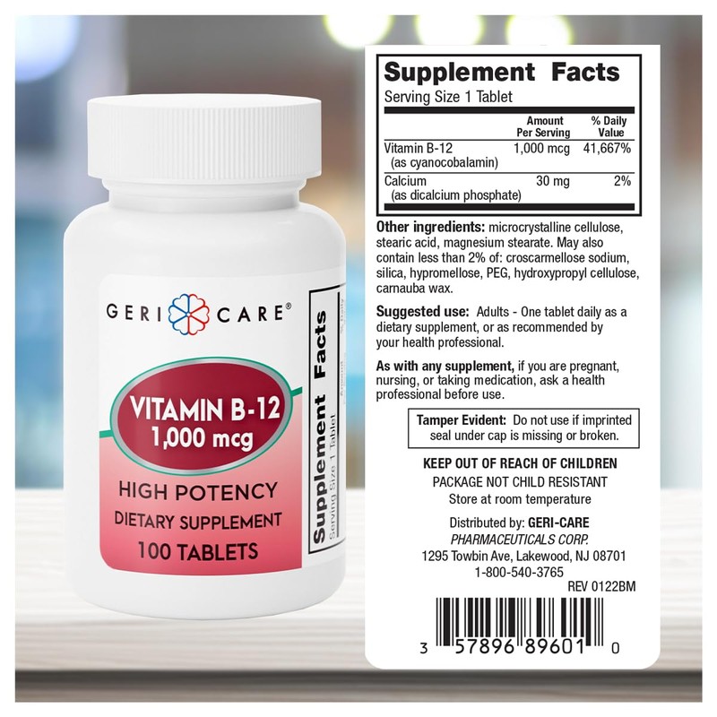 GeriCare Vitamin B-12 1000mcg High Potency Tablets, Premium Dietary Supplement