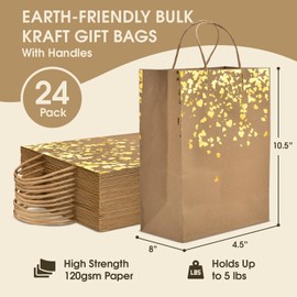 24 Pack Kraft Paper Gift Bags with Handles – 8x4.5x10.5" 120 Gsm Brown Paper Bags with Gold Foil Heart Design – Reusable Recyclable Bulk Gift Bags for Parties, Weddings, Baby Shower, or Small Business