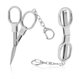 2pcs Mini Folding Scissors, Stainless Steel Foldable Badge Reel Scissors with Key Ring Portable Retractable Pocket Small Cutters for Travel Home Office Sewing Craft (Silver)