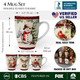 OrnamentallyYou Festive Country Plaid Set of 4 Ceramic Mugs with Real Gold Trim, Christmas Kitchen Coffee Cup Gift with Santa, Cardinal, Deer, and Snowman