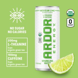 ARDOR Sparkling Water with 100mg Natural Caffeine & 200mg L-Theanine from Organic Green Tea for Smooth Energy & Focus | No Sugar, 0 Calories | Vegan, Gluten-Free | Mexican Lime - 12 Ct