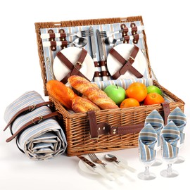 HYBDAMAI Picnic Basket for 4 Persons with Waterproof Picnic Blanket and Insulated Cooler, Large Wicker Picnic Basket for Camping, Outdoors, Valentine's Day, Christmas, Birthday, Wedding Gift