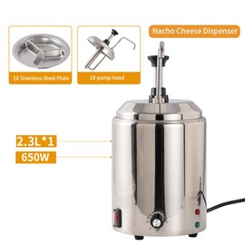 Cheese Dispenser with Pump Food-Grade Stainless Steel Nacho Cheese Dispenser - Silver, 650W Power, 2.3L Capacity, Easy to Clean