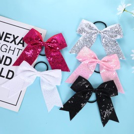 2 Packs Jumbo Cheerleading Bow 6 Inch Cheer Hair Bows with Ponytail Holder for Teen Girls Softball Outfit Uniform (Sequin Hotpink)