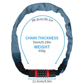 SISAV Heavy Duty Bike Chain Lock 3.2FT with 5 Digit Combination, 6mm Cut Resistant Chain for Bicycle, Ebike, Motorcycle, Scooter, Door and Fence (Grey)