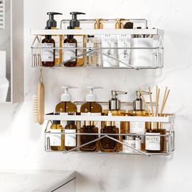 DEERPERCH HAVEN Shower Caddy Shelf with Adhesive, No-Drill Stainless Steel Bathroom Organizer, Rustproof Bath Storage Shelves for Inside Shower (Silver, 2PCS)