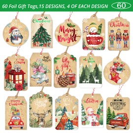 Christmas Gift name Tags 60 Count with Untied String -15 Assorted Foil, printed designs to and from Labels for Xmas Present Wrapping