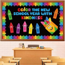 Kepeel - Juego de decoración de tablones de anuncios de regreso a la escuela, decoración de aula con temática de crayones coloridos, etiquetas de nombre, recortes bienvenidos a nuestro paquete,
