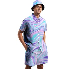 Wdpsuxin Mens 2 Piece Tracksuit Hawaiian Button Down Shirt and Compression Liner Shorts Sets with Bucket Hats, Trippy, Large