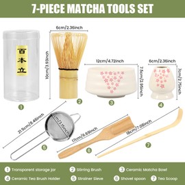 7Pcs Matcha Whisk Set Elegant Matcha Making Set with Matcha Whisk Matcha Whisk Storage Holder Matcha Powder Sifter Ceramic Bowl Tea Spoon (Beige)