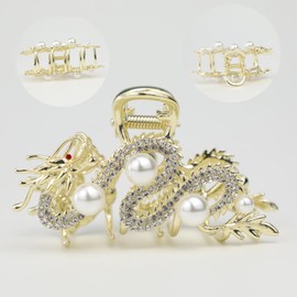 3.5'' Large Dragon Gold Claw Clip for Women, Unique Hair Accessories, Sparkle Crystals & Pearls, Chinese Vintage Hair Clips for Festivals Parties New Year