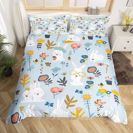 Kids Rabbit Duvet Cover Single Size,Cute Bunnies and Color Flowers Comforter Cover for Adults Kids Bedroom Decor,Cartoon Animals Decorative Bedding Set 1 Pillowcase,No Comforter