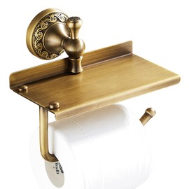 Toilet Paper Holder with Phone Shelf, Bathroom Toilet Paper Roll Holder Antique Bronze Brass Wall Mounted Bathroom Hardware Accessories,Pattern Carving Design