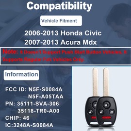 ATPSTOGO DIY Key Fob Replacement Compatible with Honda Civic/Acura Mdx 2006 2007 2008 2009 2010 2011 2012 2013 Keyless Entry Remote Control Key Replace FCC ID: N5F-S0084A,N5F-A05TAA 4 Button