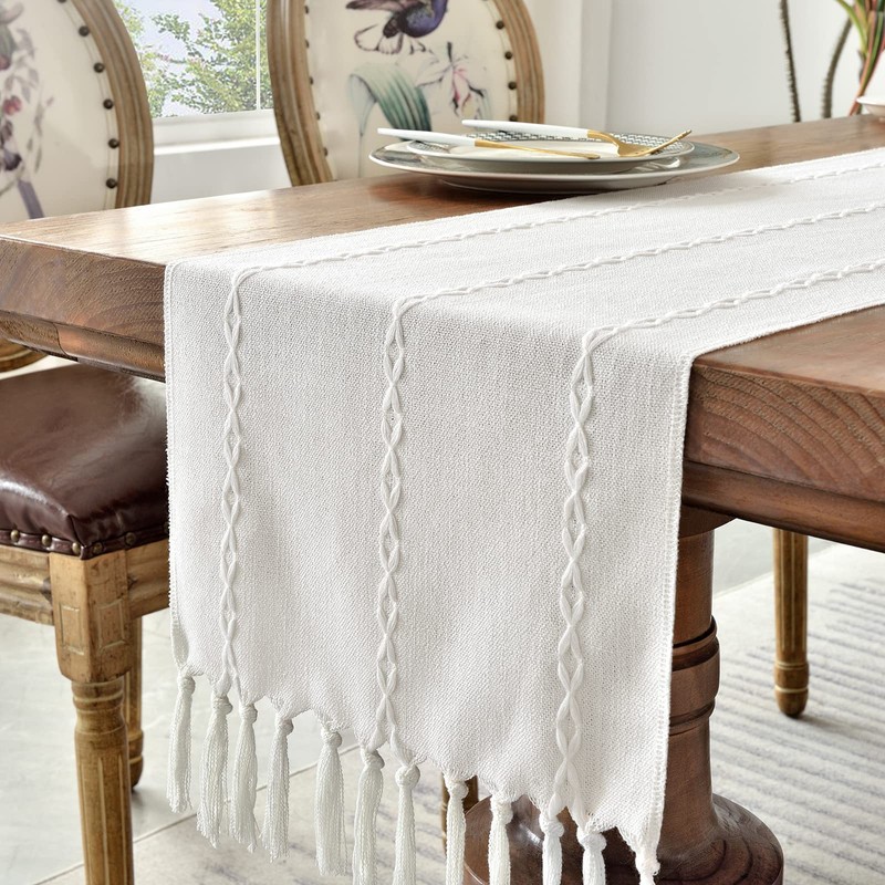 Wracra Cotton Linen Table Runner Farmhouse Style White Table Runner