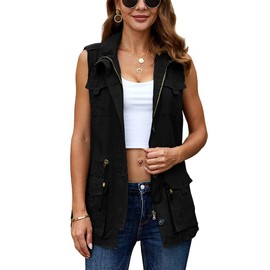 Koodred Women's Casual Military Utility Vest Lightweight Sleeveless Drawstring Jackets with Pockets