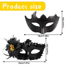 Pack of 2 Masquerade Ball Masks, Black, Venetian Mask for Men and Women, Masquerade Mask, Venetian, Black Masks Costume for Carnival, Cosplay, Party