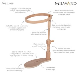 MILWARDS Adjustable Seat Frame - Beech Wood Lap Stand & Cross Stitch Holder for Needlecrafts, Embroidery & Cross Stitch with 20cm/8" Embroidery Hoop/ Cross Stitch Hoop