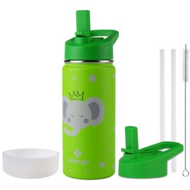 Honogo - Botella de agua de acero inoxidable de 16 onzas con aislamiento para niños, termo de metal a prueba de fugas con tapa de popote, bonito vaso para niños y niñas escolares (verde, elefante)