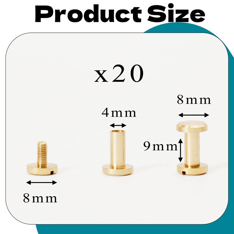 Zhooooonglf Brass Chicago Screws 8×4×9mm 20Pack Rivets Bookbinding Stud Screws