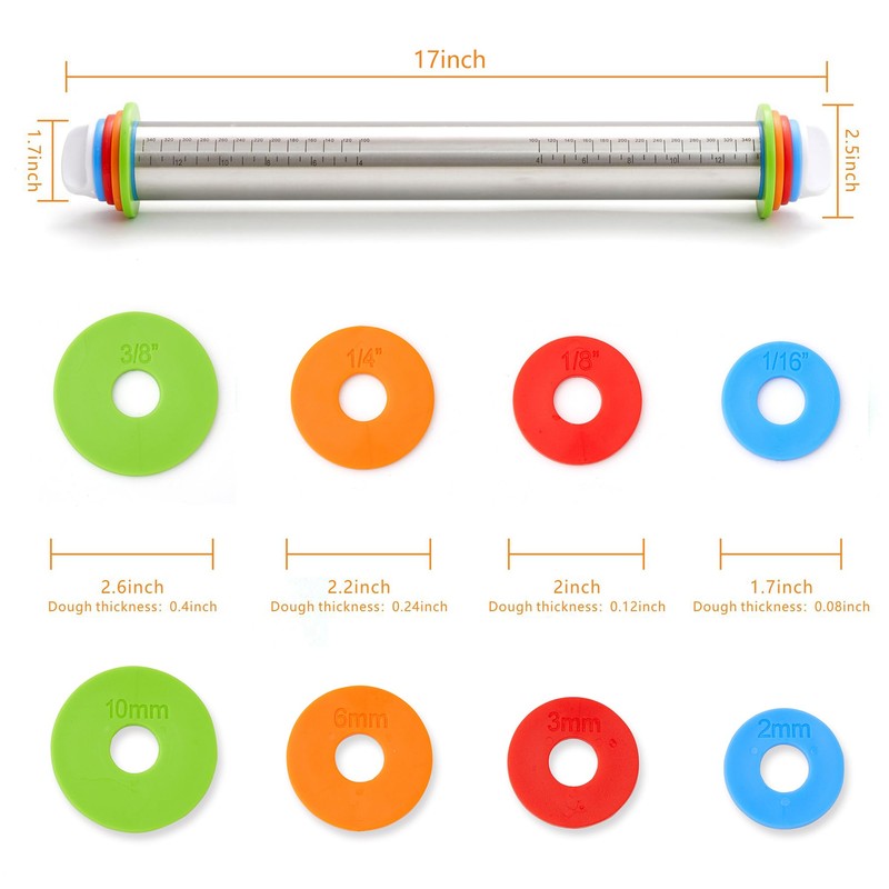 Rolling Pin with Thickness Rings, Fulimax 17" Adjustable Stainless Steel