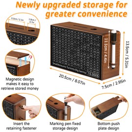 Wooden Money Saving Box, Cash Savings Box for $10000 $5000 $3000 $1000$500Target Money Saving Challenge, Reusable Cash Vault Bank with Dry Erase Pen/Savings Trackers/Storage Bag(Brown)